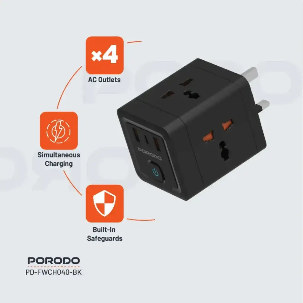 PD-FWCH040-BK , Porodo 4 AC Universal Power Block - Black - GulfStore.com