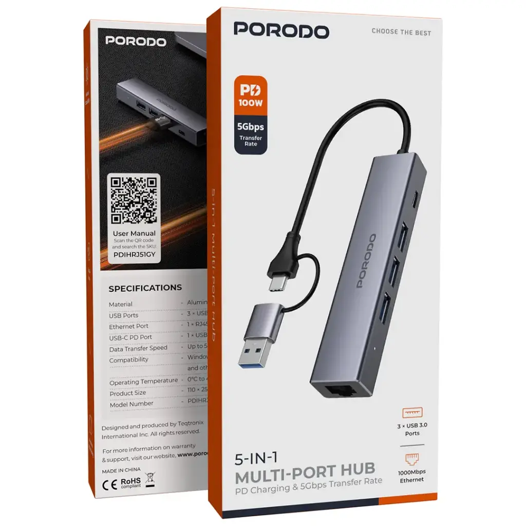 PDIHRJ51GY | Porodo 5-IN-1 Multi-Port Hub PD Charging & 5Gbps Transfer Rate | Gray