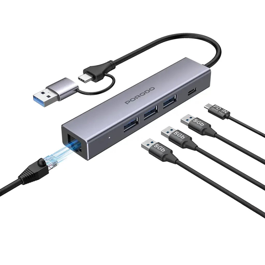PDIHRJ51GY | Porodo 5-IN-1 Multi-Port Hub PD Charging & 5Gbps Transfer Rate | Gray