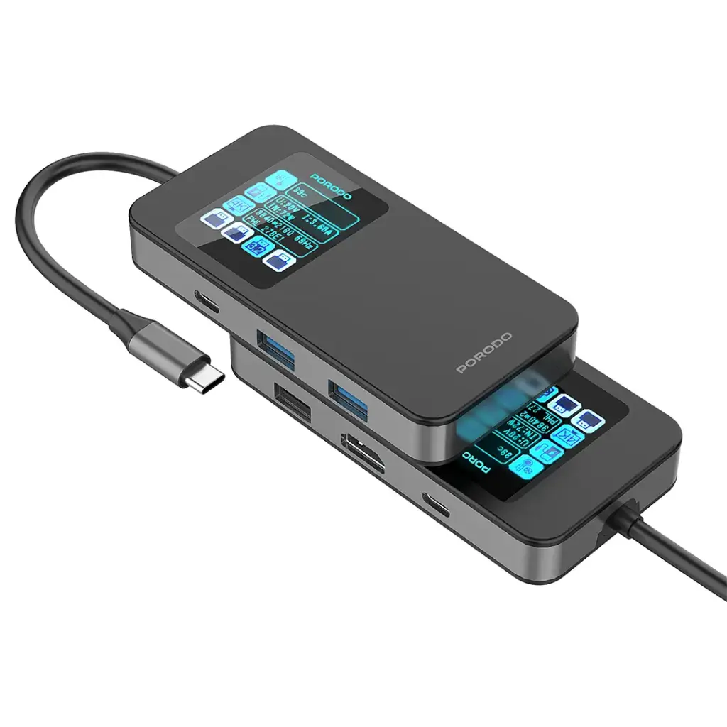 Porodo 6-In-1 Multi-Port USB-C Hub with Smart Digital Display - Gray