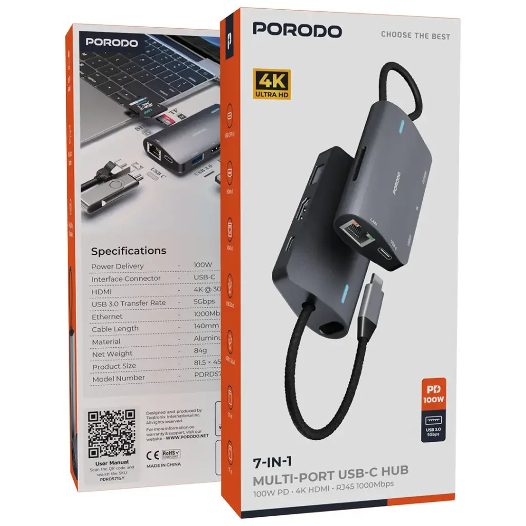 PDRDS71GY | موزع USB-C متعدد المنافذ 7 في 1 من بورودو | رمادي