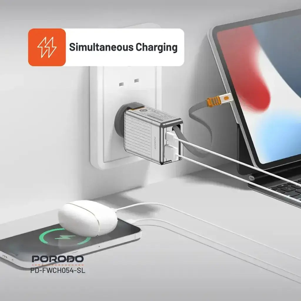 PD-FWCH054-SL , Porodo 75cm Retractable Type-C Super Quick GaN Charger-Silver - GulfStore.com