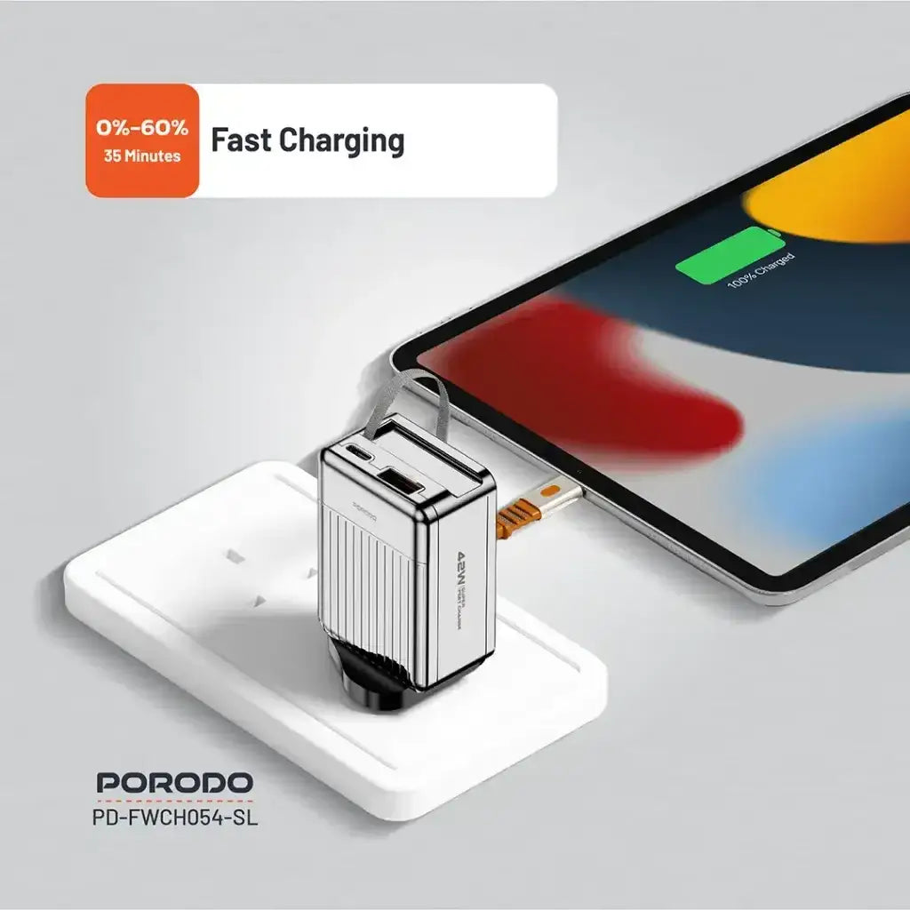 PD-FWCH054-SL , Porodo 75cm Retractable Type-C Super Quick GaN Charger-Silver - GulfStore.com