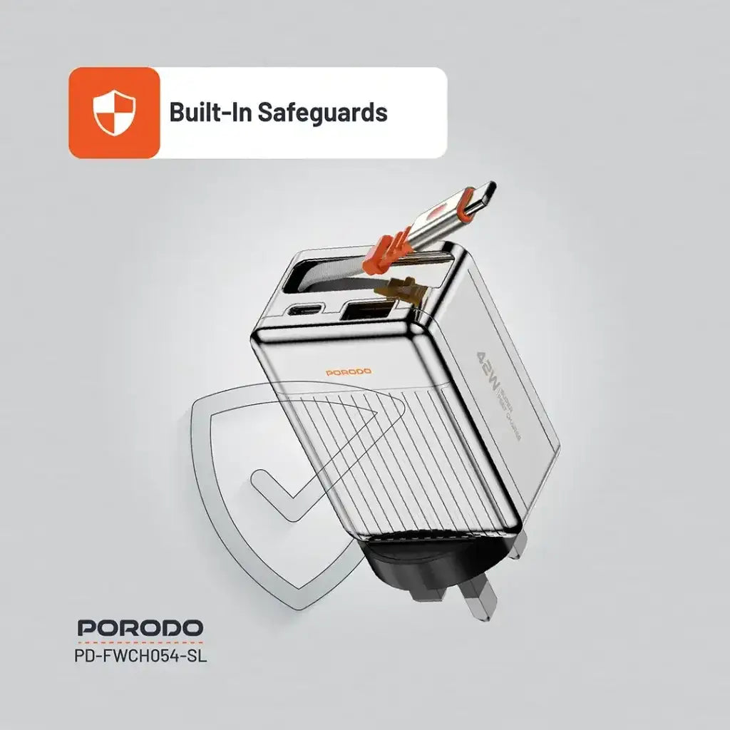 PD-FWCH054-SL , Porodo 75cm Retractable Type-C Super Quick GaN Charger-Silver - GulfStore.com