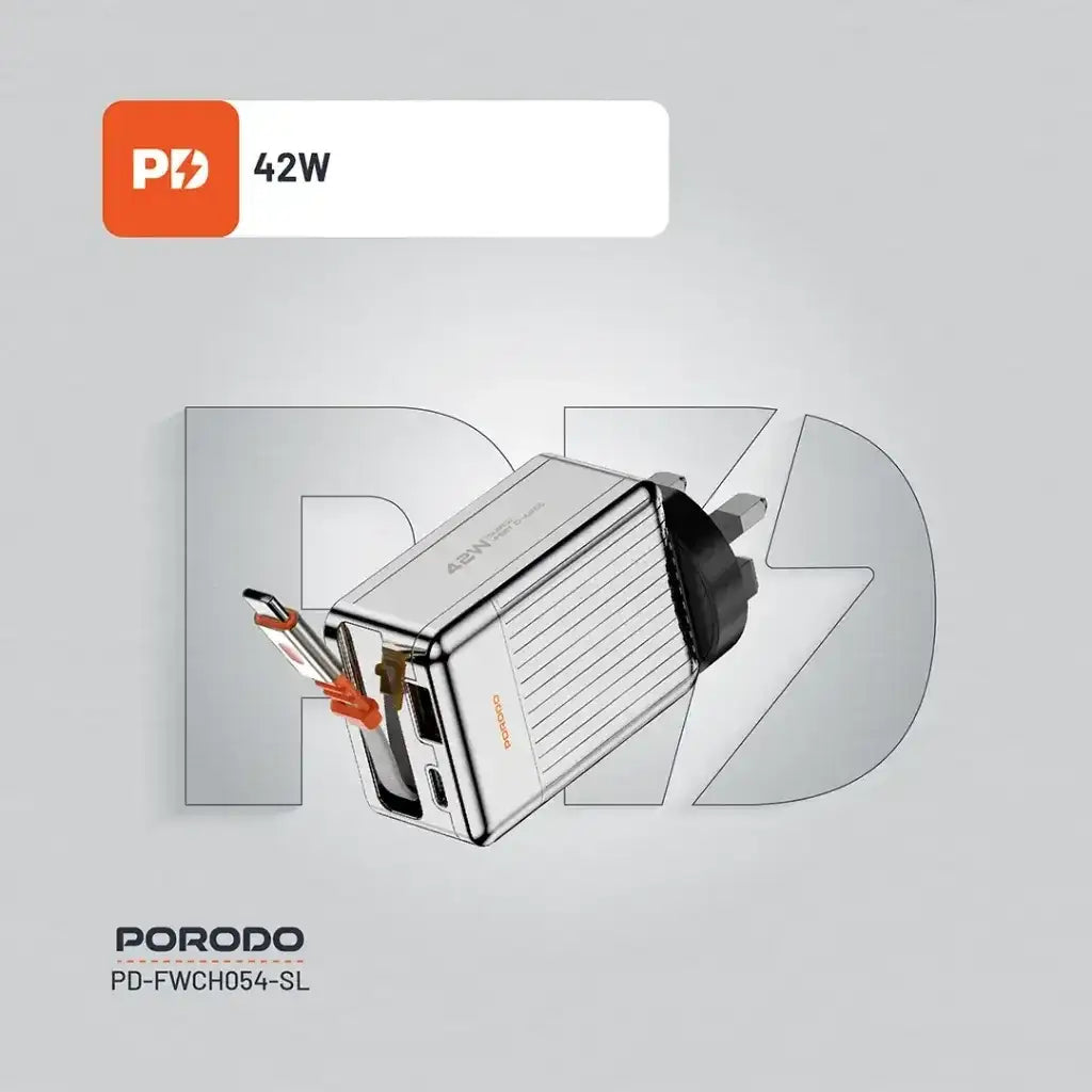 PD-FWCH054-SL , Porodo 75cm Retractable Type-C Super Quick GaN Charger-Silver - GulfStore.com