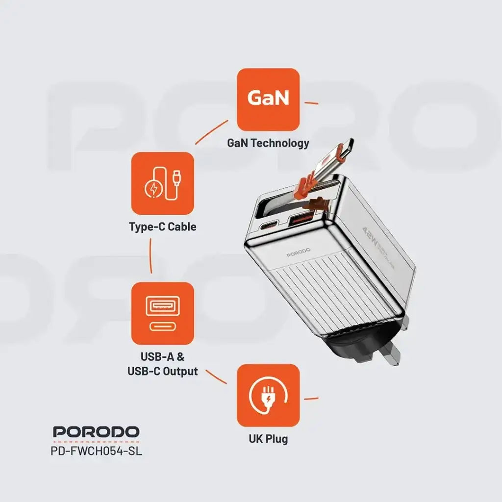 PD-FWCH054-SL , Porodo 75cm Retractable Type-C Super Quick GaN Charger-Silver - GulfStore.com