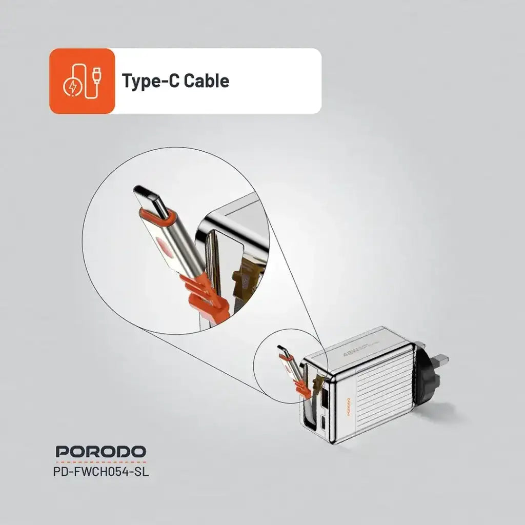 PD-FWCH054-SL , Porodo 75cm Retractable Type-C Super Quick GaN Charger-Silver - GulfStore.com