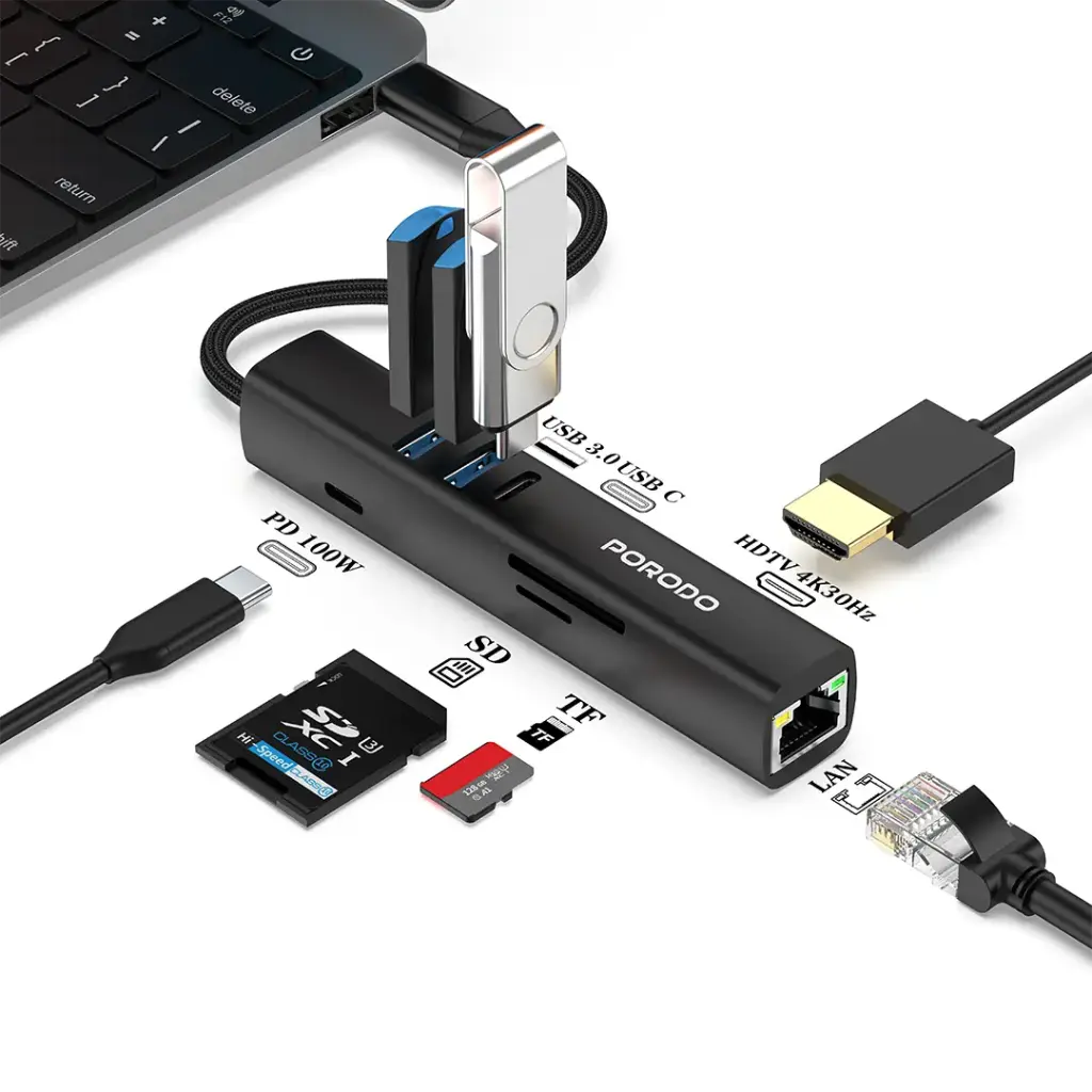 PD35038IN1 | Porodo 8-IN-1 Multi-Port USB Hub With 5Gbps Transfer Speed | Black - GulfStore.com