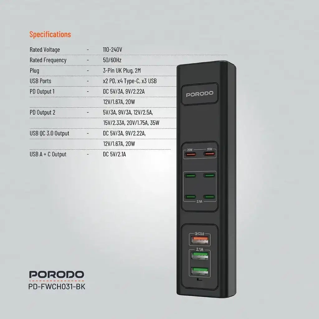 PD-FWCH031-BK , Porodo FWC031 85W Multi-Port USB Charging Hub - Black - GulfStore.com