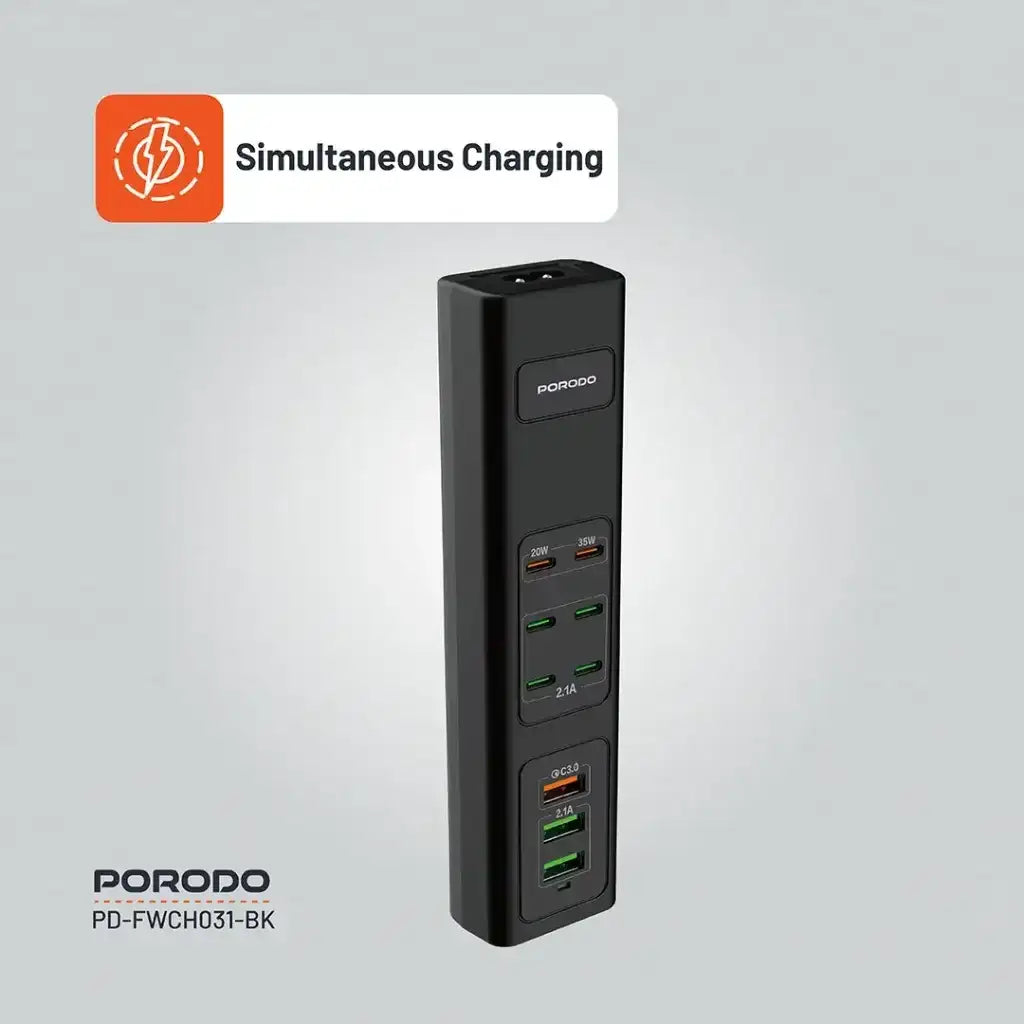 PD-FWCH031-BK , Porodo FWC031 85W Multi-Port USB Charging Hub - Black - GulfStore.com