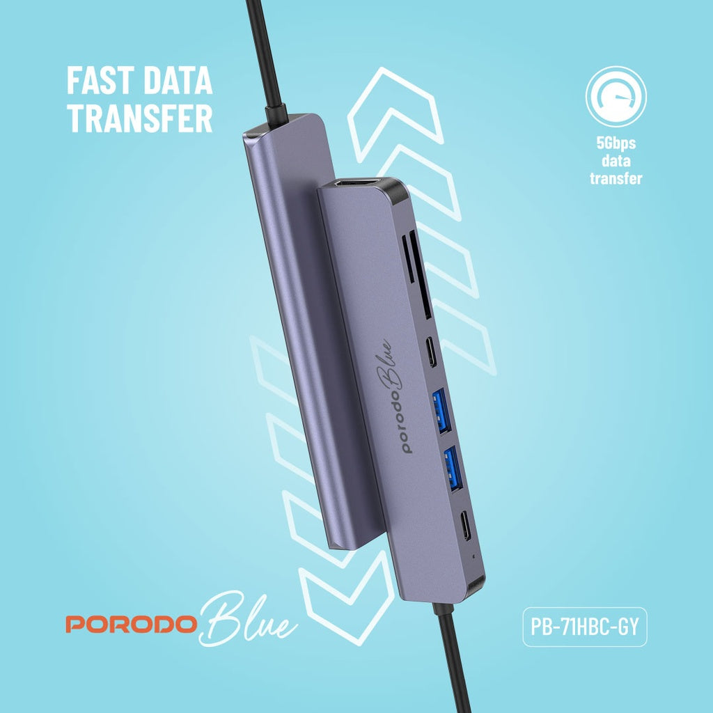 PB-71HBC-BK | موزع USB-C من بورودو أزرق، 7 منافذ، بدقة 4K، ومنفذ HDMI مزدوج، ومنفذ USB-C | أسود