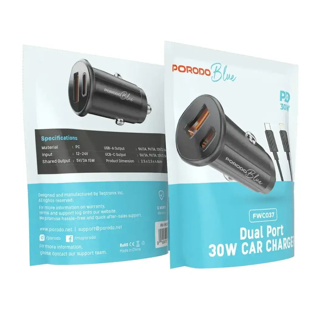PB-FWCH037-BK-L , Porodo Blue Dual Port 30W Car Charger with C-L Cable - Black - GulfStore.com