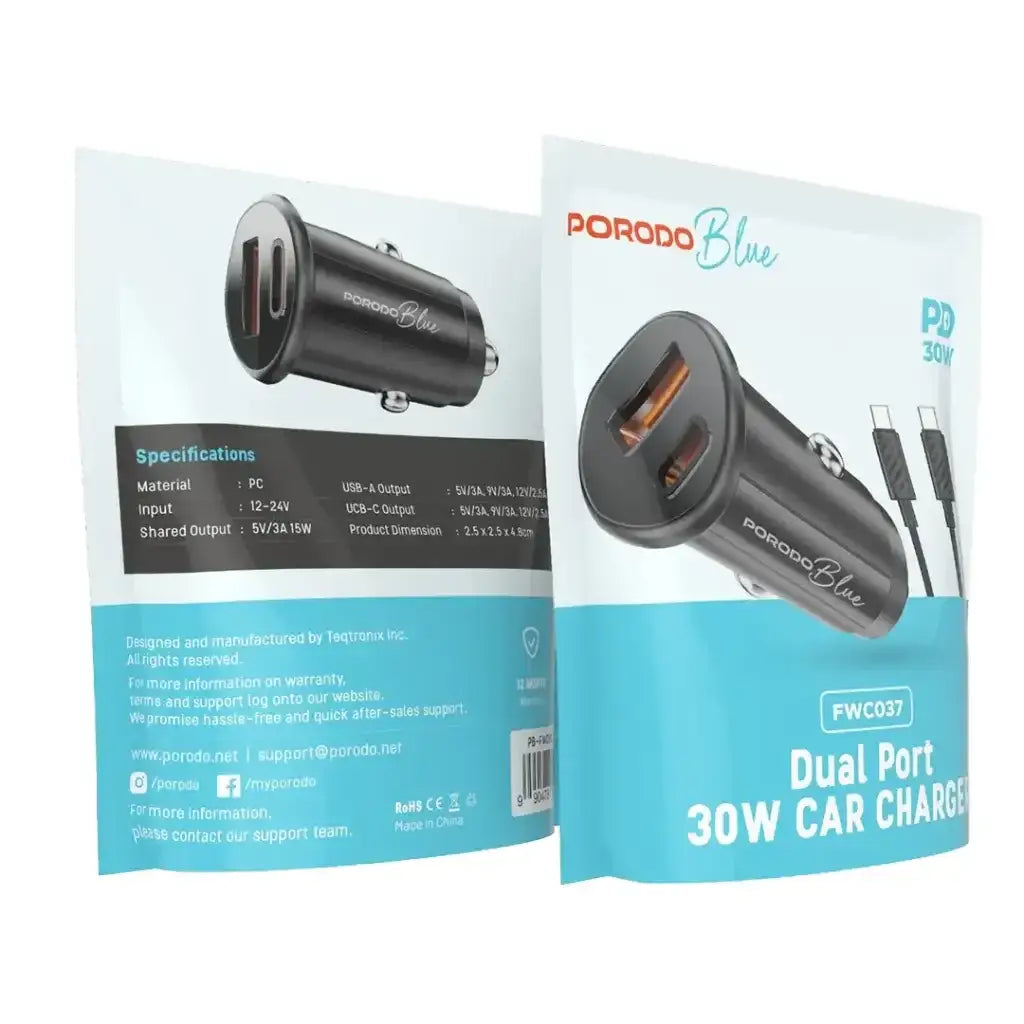 PB-FWCH037-BK-C , Porodo Blue Dual Port 30W Car Charger with C to C Cable - Black - GulfStore.com