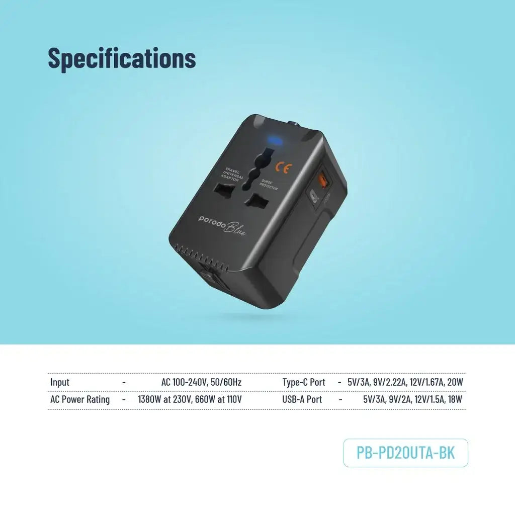PB-PD20UTA-BK , Porodo Blue PD20 Universal Travel Adapter - Black - GulfStore.com