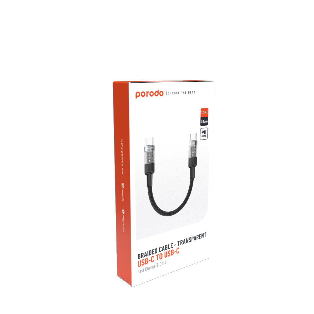 PD-60WCCTH-BK | كابل بورودو مضفر شفاف USB-C إلى USB-C للشحن السريع ونقل البيانات، طوله 35 سم/1.1 قدم | أسود