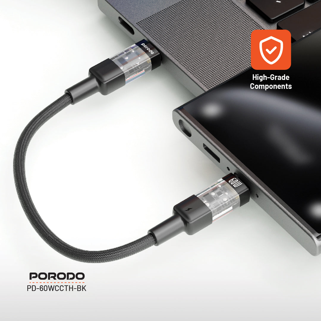 PD-60WCCTH-BK | Porodo Braided Cable Transparent USB-C To USB-C Fast Charge & Data 35cm/1.1ft | Black