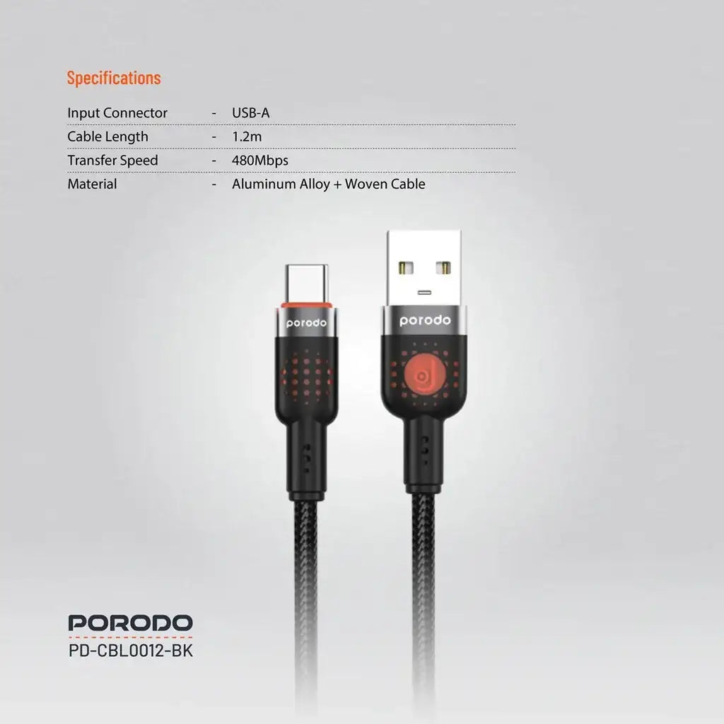 Porodo Braided Cable Usb-A To Type-C 1.2M - Black - GulfStore.com