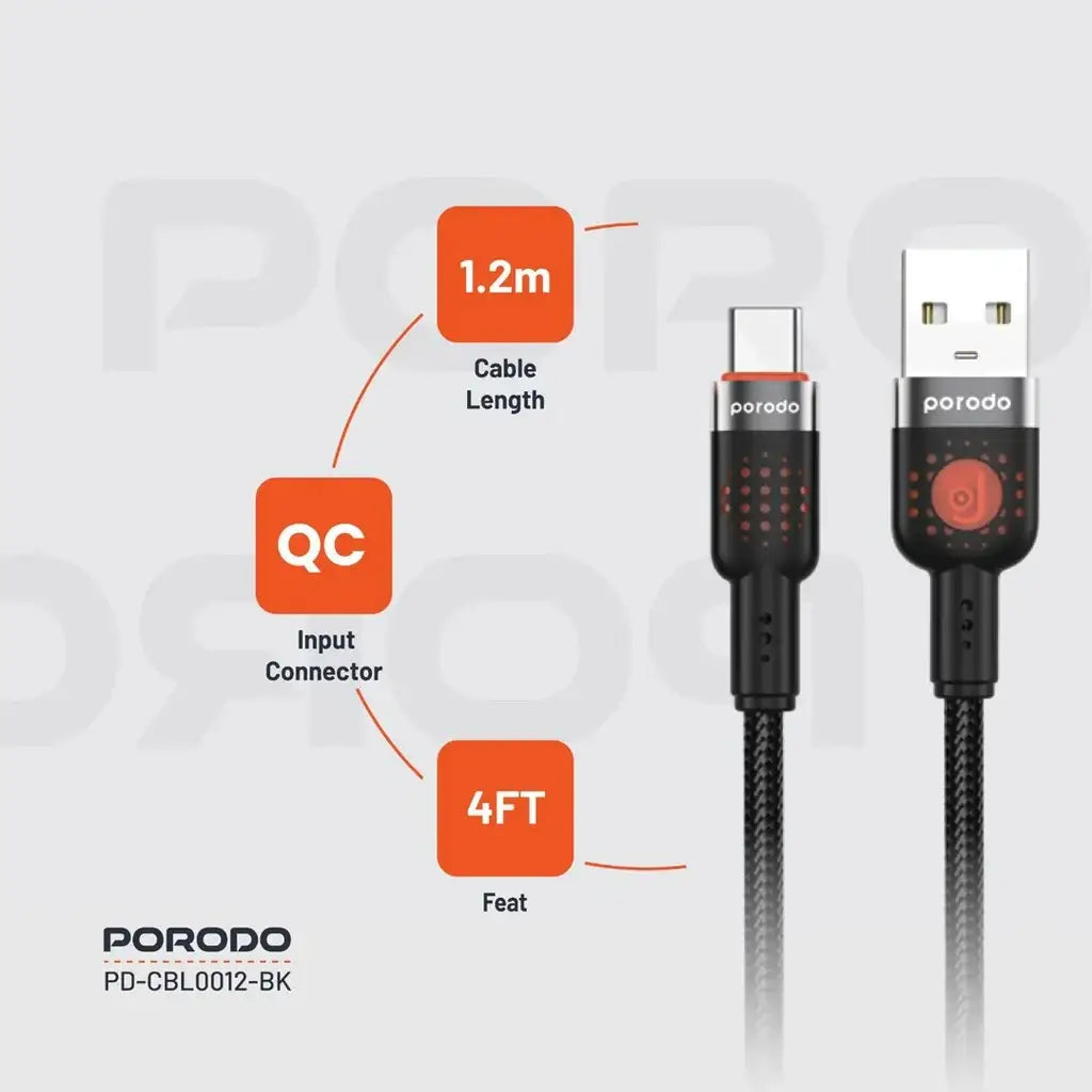 Porodo Braided Cable Usb-A To Type-C 1.2M - Black - GulfStore.com