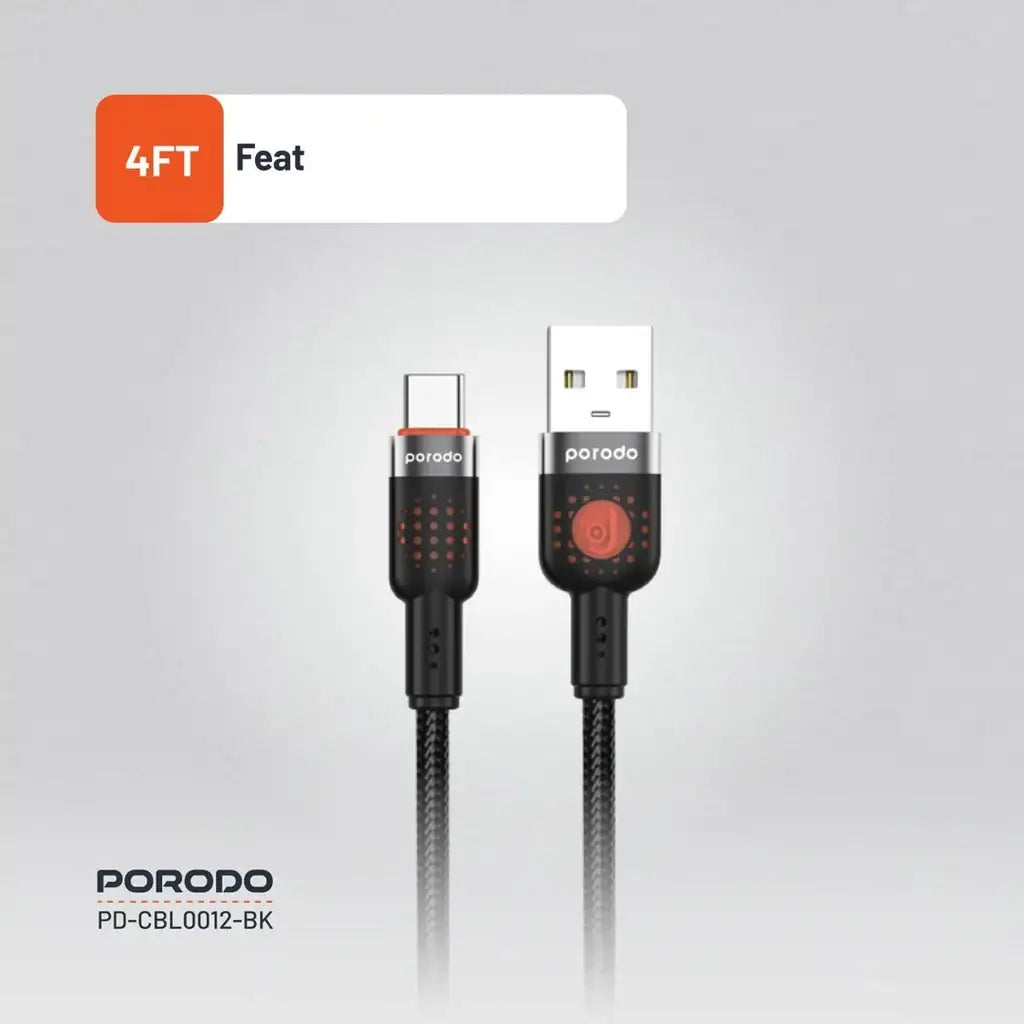 Porodo Braided Cable Usb-A To Type-C 1.2M - Black - GulfStore.com