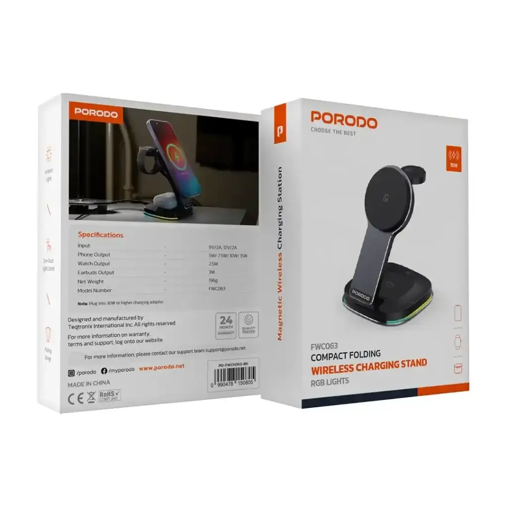 Porodo Compact Folding Wireless Charging Stand(PD-FWCH063-BK) - GulfStore.com