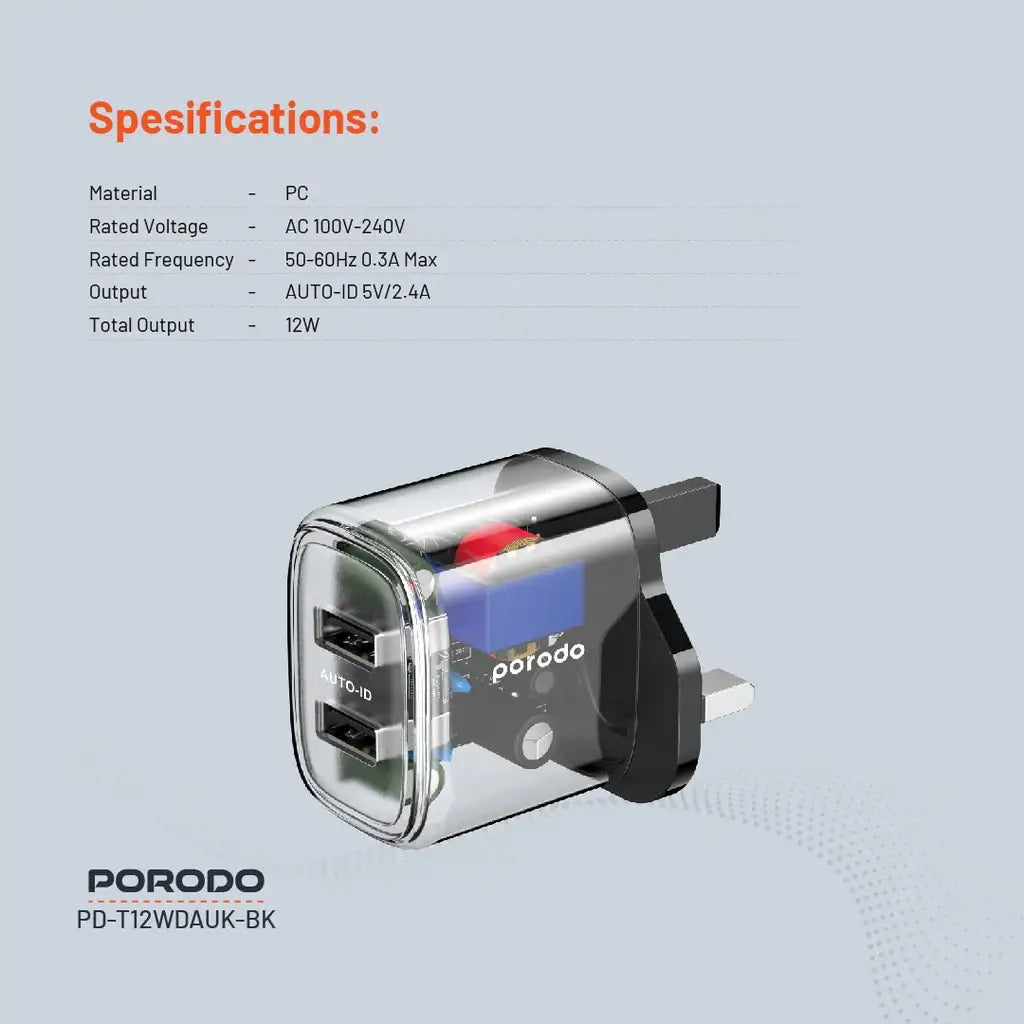 PD-T12WDAUK-BK , Porodo Dual Output Transparent Charger With 2.4A Auto ID Technology UK - Transparent - GulfStore.com
