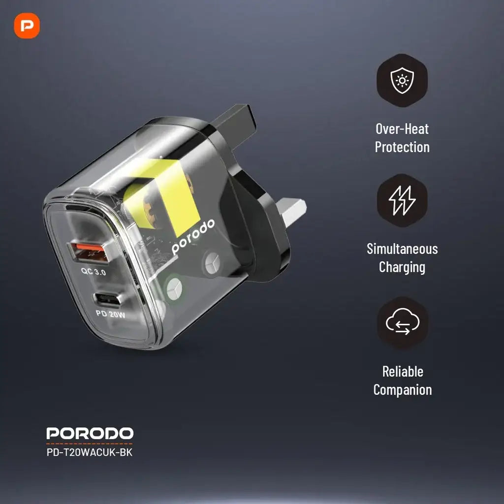 Porodo Dual Output Transparent Quick Charger USB-C PD And USB-A QC UK (PD-T20WACUK-BK) - GulfStore.com