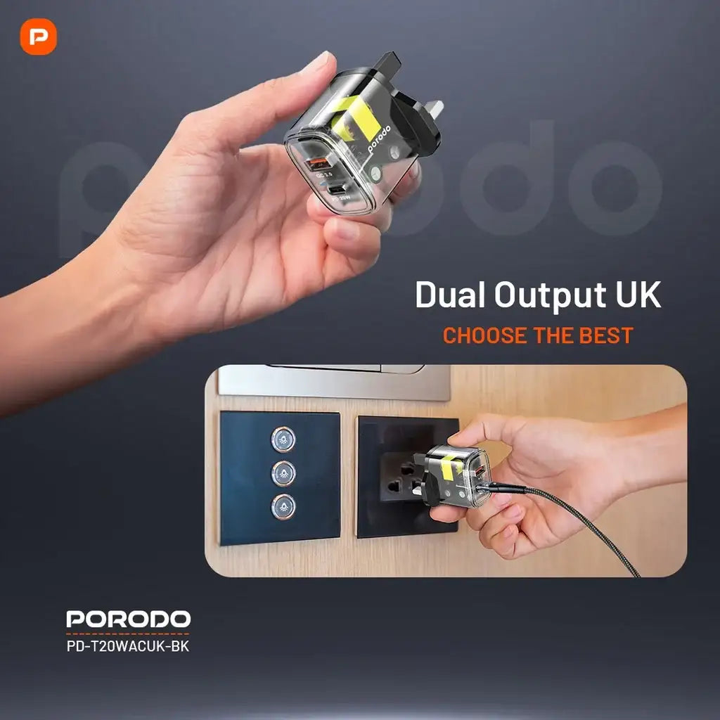 Porodo Dual Output Transparent Quick Charger USB-C PD And USB-A QC UK (PD-T20WACUK-BK) - GulfStore.com