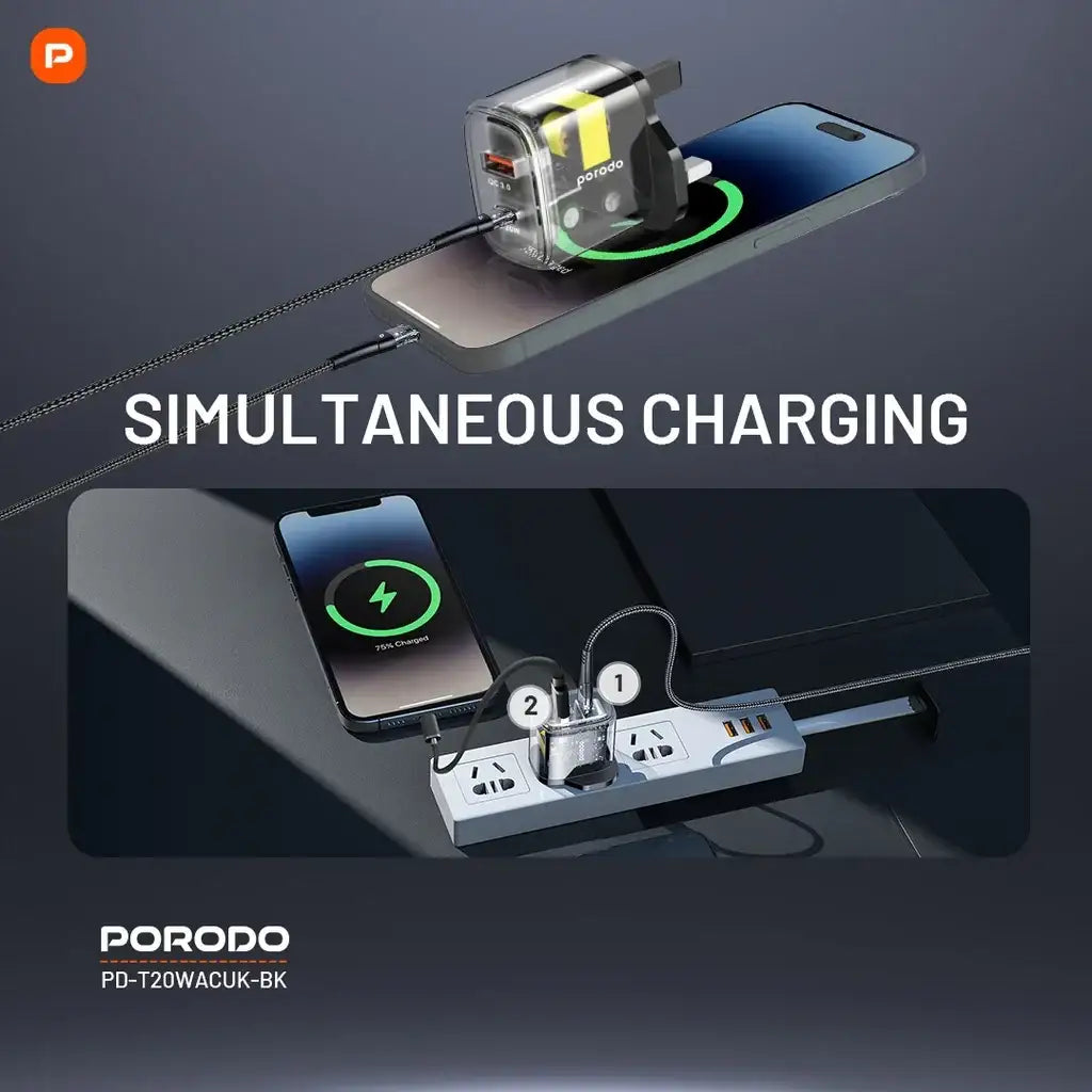 Porodo Dual Output Transparent Quick Charger USB-C PD And USB-A QC UK (PD-T20WACUK-BK) - GulfStore.com