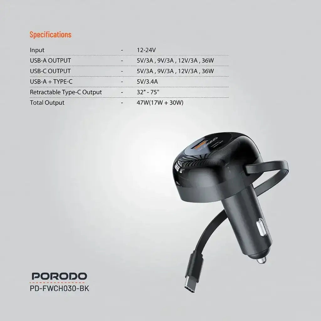 PD-FWCH030-BK , Porodo FWC030 Dual Port Car Charger 80CM Retractable Type-C Cable - GulfStore.com
