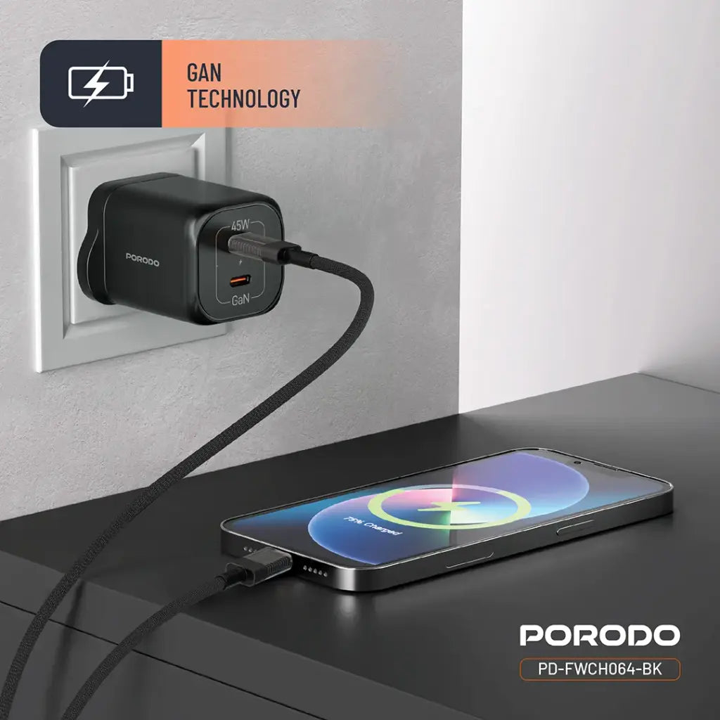PD-FWCH064-BK | Porodo Dual USB-C Quick Charger | Black - GulfStore.com
