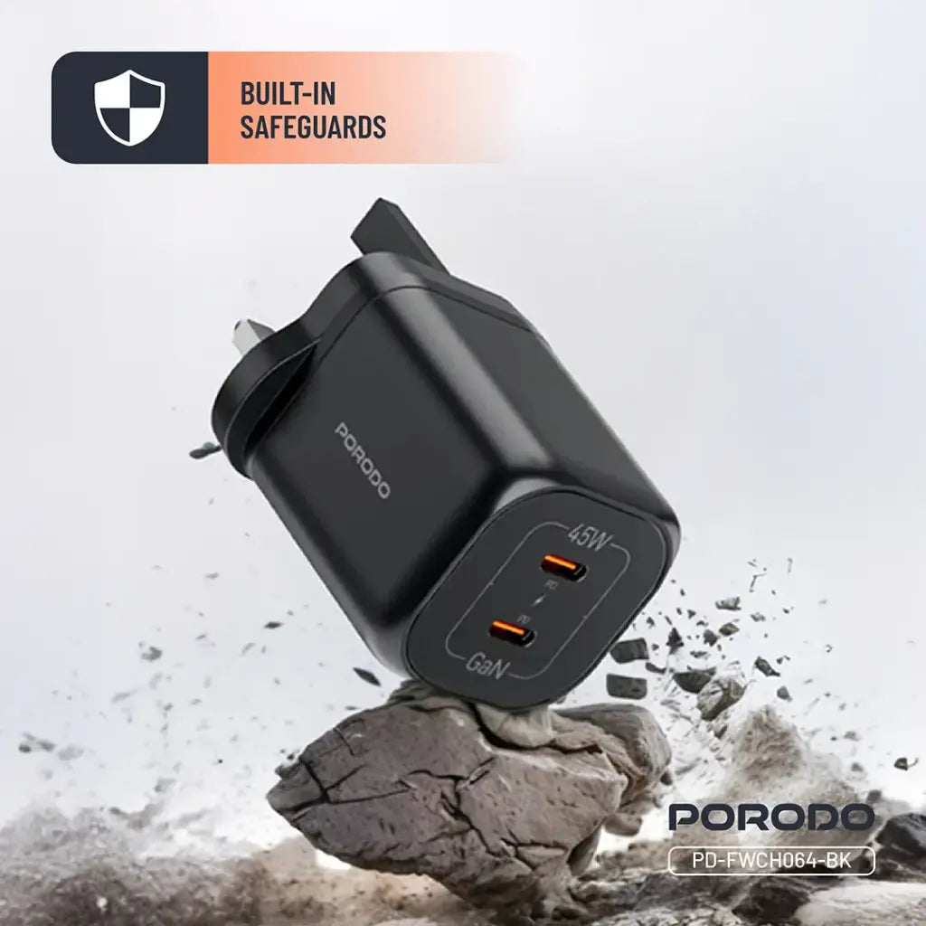 PD-FWCH064-BK | Porodo Dual USB-C Quick Charger | Black - GulfStore.com