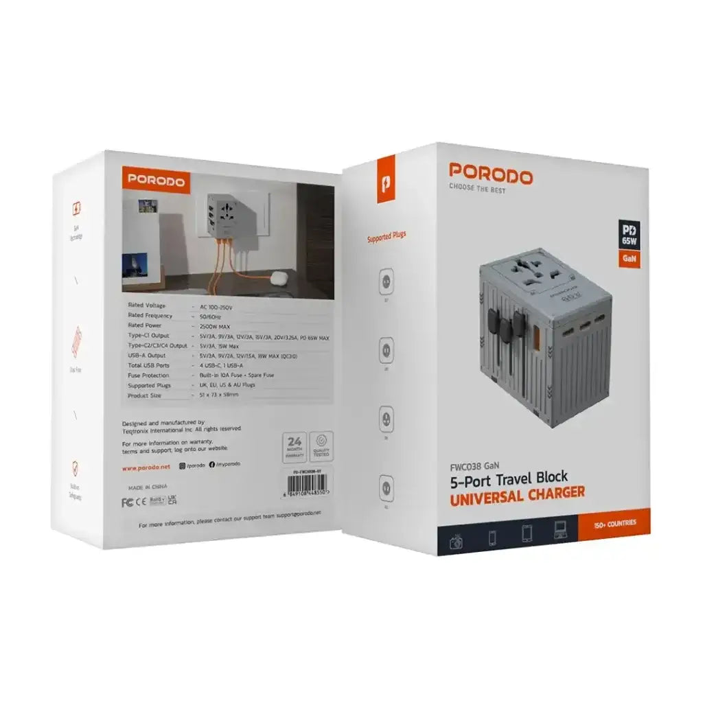 PD-FWCH038-GY , Porodo Fwc038 Gan 5-Port Travel Block Universal Charger-Grey - GulfStore.com