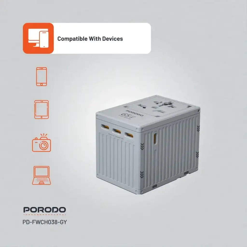 PD-FWCH038-GY , Porodo Fwc038 Gan 5-Port Travel Block Universal Charger-Grey - GulfStore.com