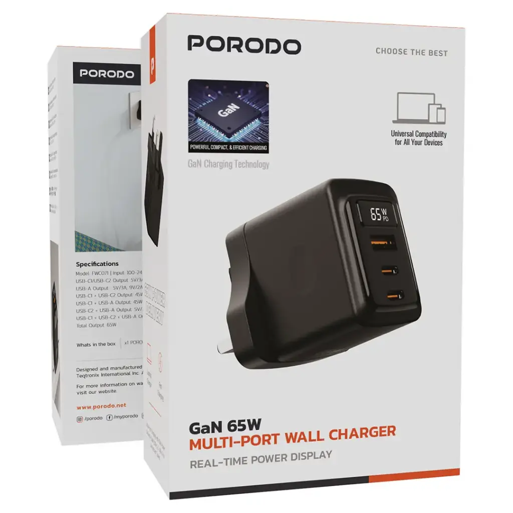 PDFWCH071BK | Porodo GaN 65W Multi-Port Wall Charger | Black
