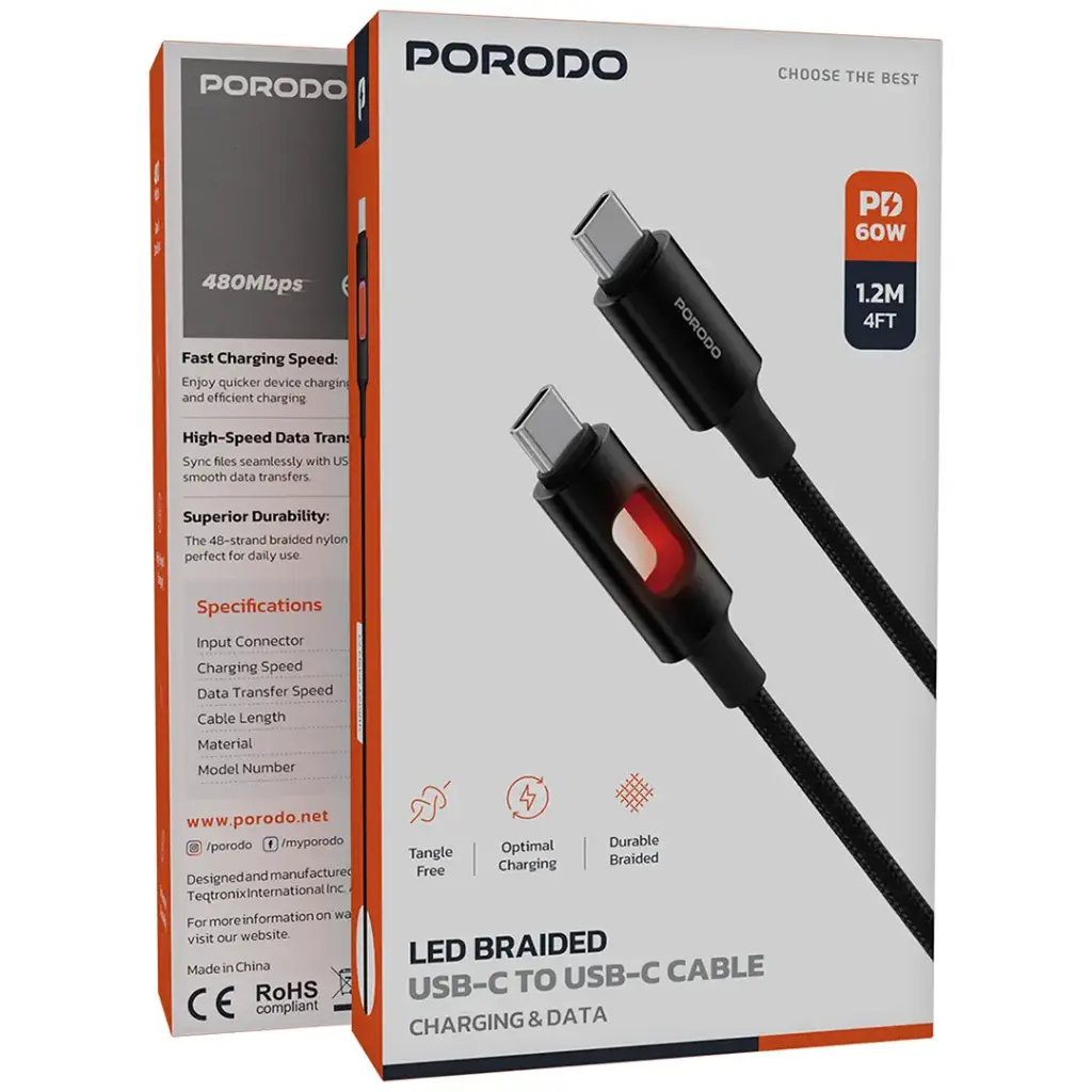 PDCBLXGH04 | Porodo Led Braided Usb-C To Usb-c Cable 60W - Black
