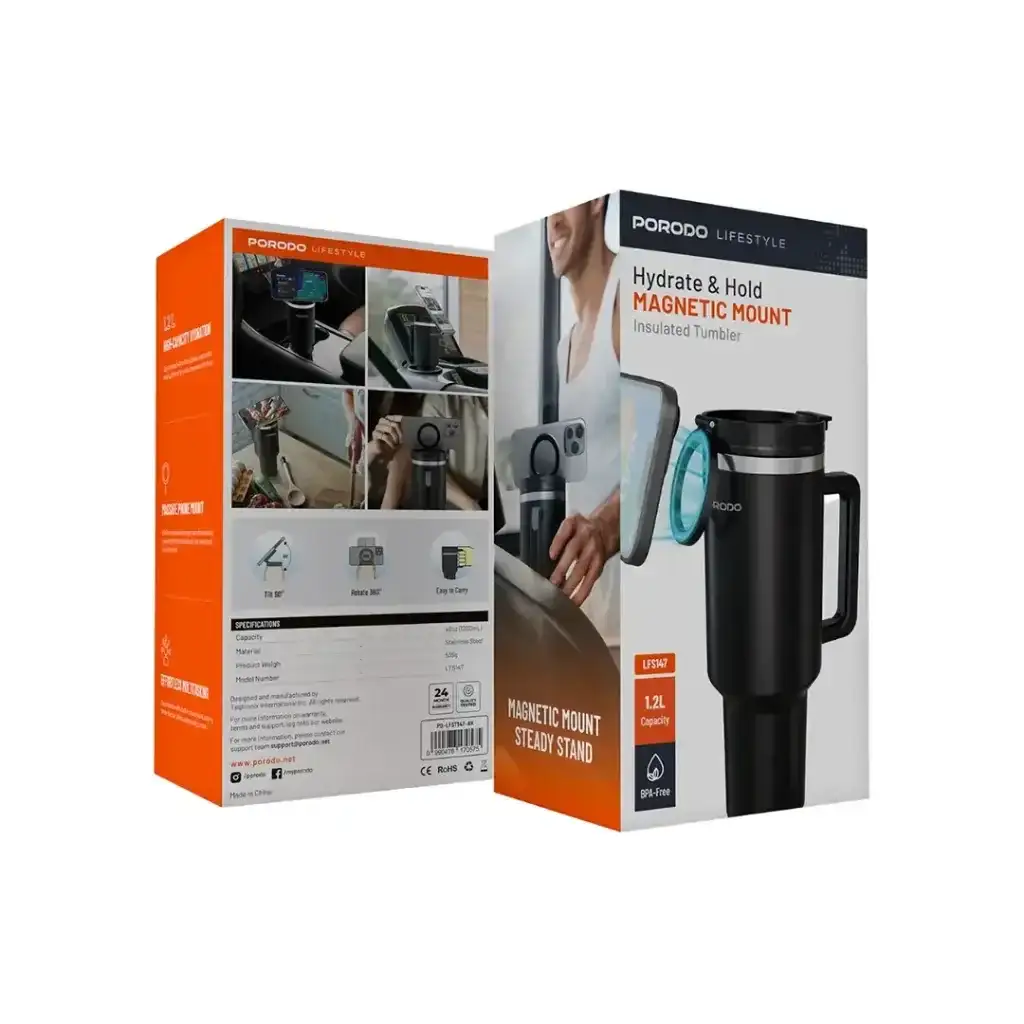 كوب بورودو لايف ستايل معزول بحامل مغناطيسي للترطيب والثبات، سعة 40 أونصة (PD-LFST147-BK)