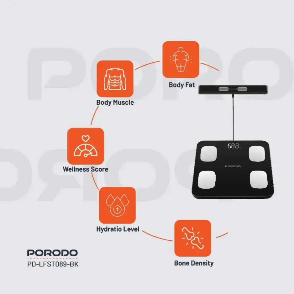 PD-LFST089-BK , Porodo Precise Analysis Smart Scale Lfs089 8 Precision Electrodes -Black - GulfStore.com