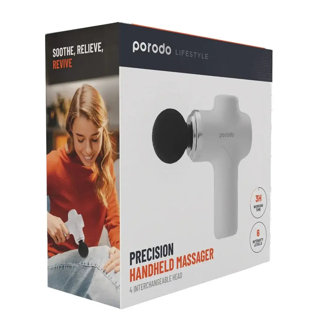Porodo Lifestyle Precision Handheld Massager with 4 Interchangeable Head - White - GulfStore.com