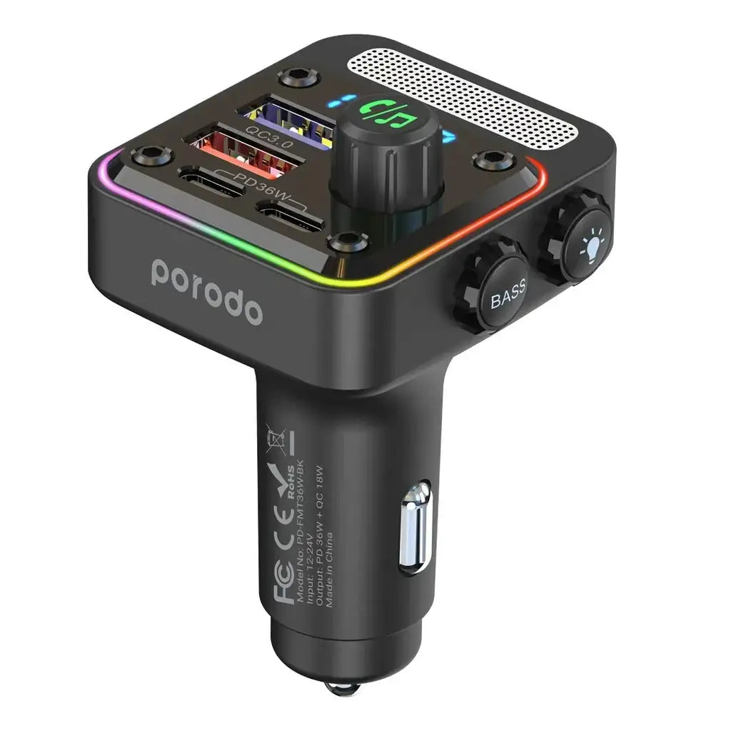 PD-FMT36W-BK , Porodo Quick-Charge FM Car Charger Dual USB-C & USB-A-Black - GulfStore.com