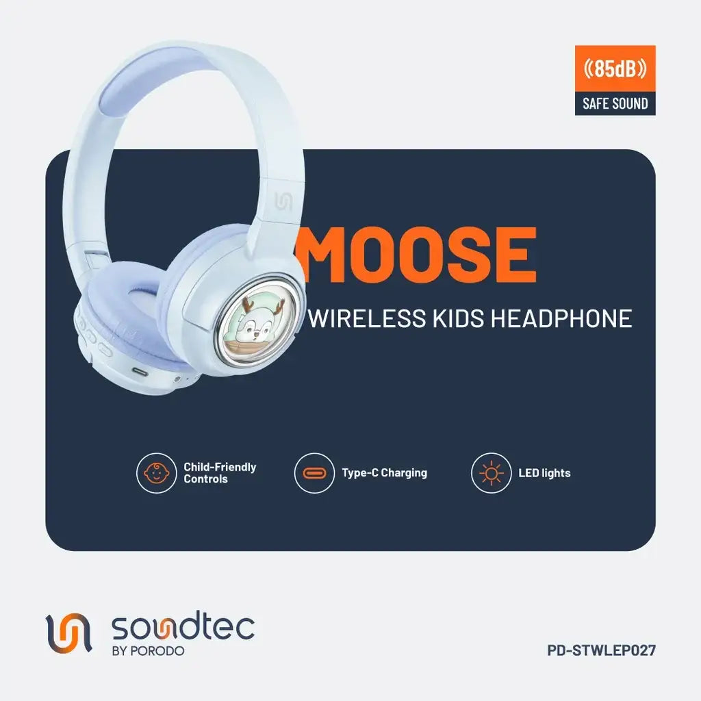 PD-STWLEP027-BU , Porodo Soundtec Moose Wireless Kids Headphone - Blue - GulfStore.com