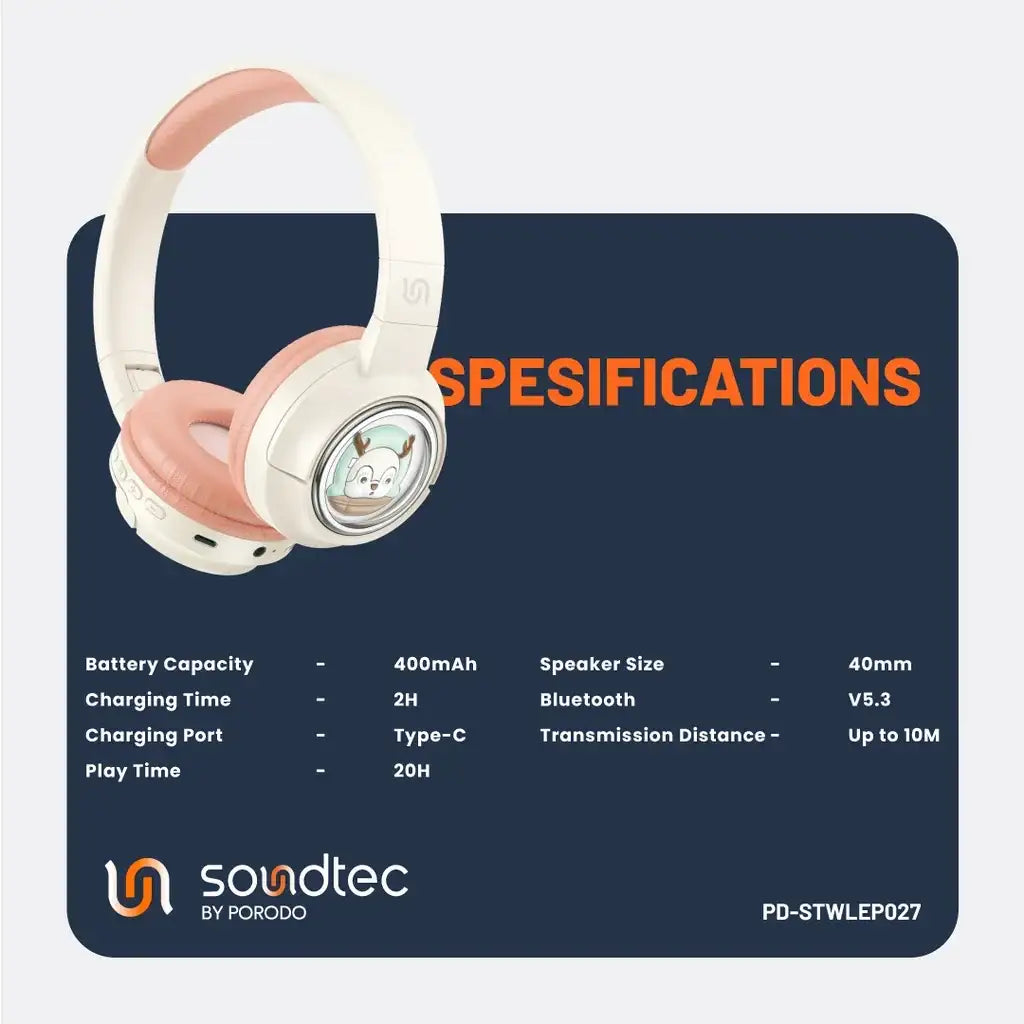PD-STWLEP027-PK , Porodo Moose Wireless Kids Headphone - Pink - GulfStore.com