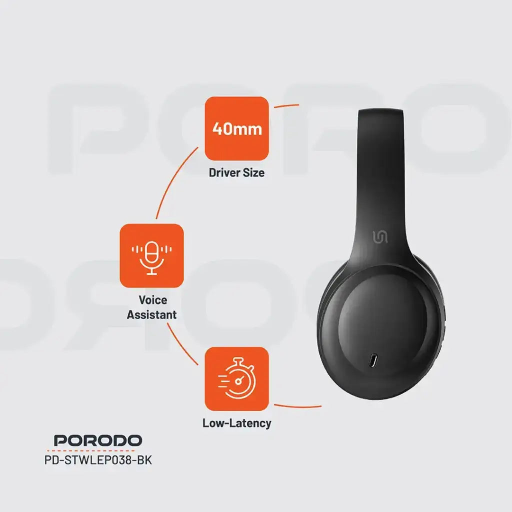 PD-STWLEP038-BK , Porodo Soundtec Primo Wireless Headphone ENC & Low-Latency Gaming Mode - Black - GulfStore.com