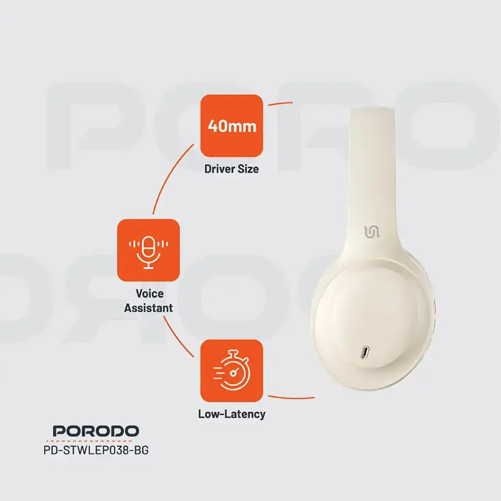 PD-STWLEP038-BG , Porodo Soundtec Primo Wireless Headphone ENC & Low-Latency Gaming Mode - Beige - GulfStore.com
