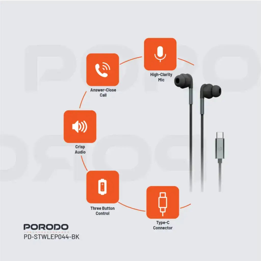 PD-STWLEP044-BK , Porodo Stereo Earphones Type C Connector - Black - GulfStore.com