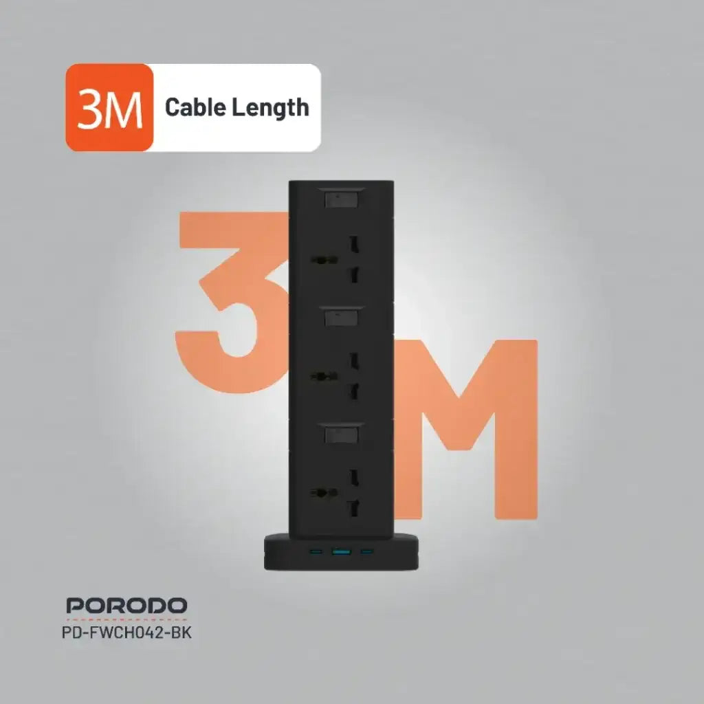 PD-FWCH042-BK , Porodo Three-Story 12AC Power Hub With USB-C PD & Quick Charge 3.0 - Black - GulfStore.com