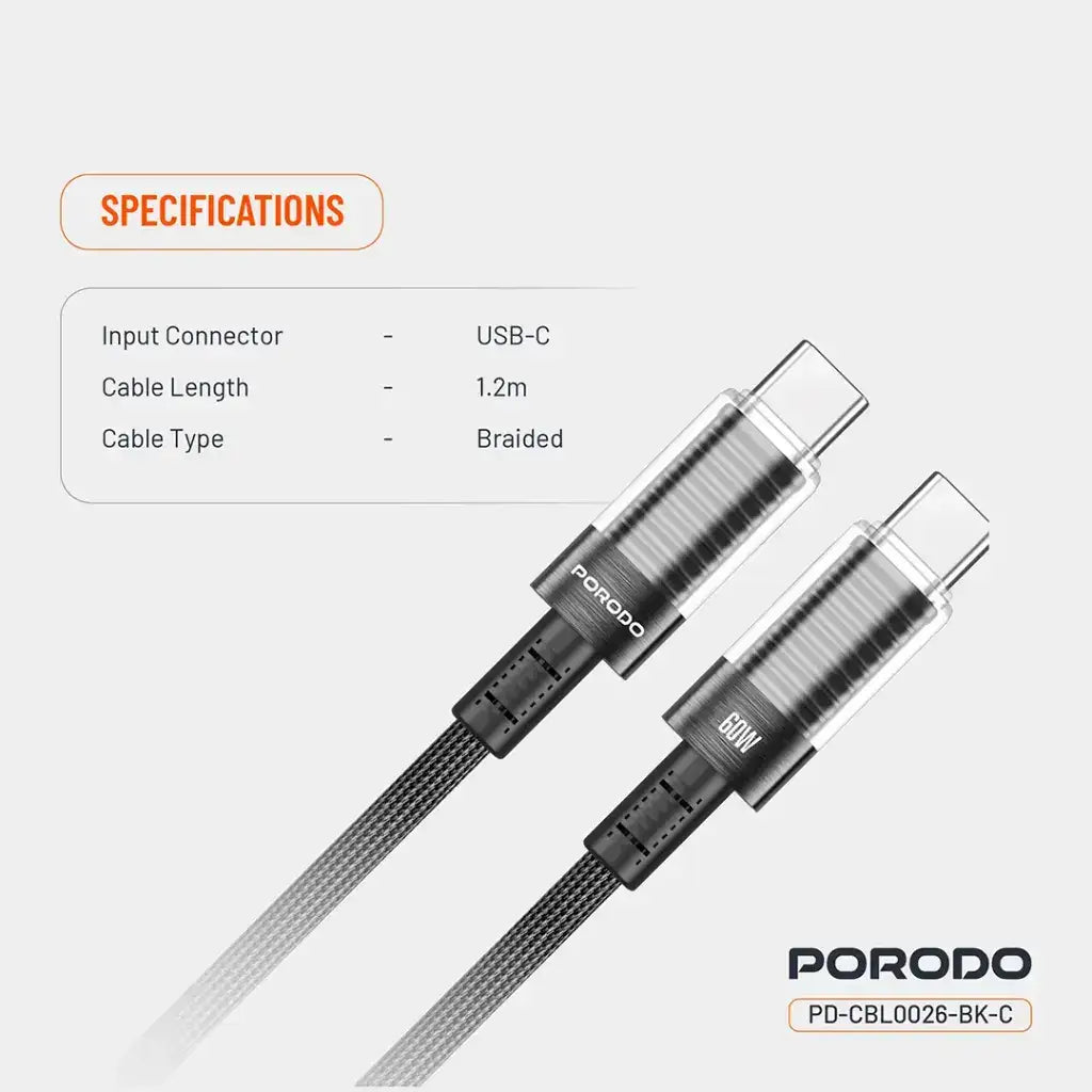 PD-CBL0026-BK-C | Porodo Transparent Shell USB-C To USB-C Cable | Black - GulfStore.com
