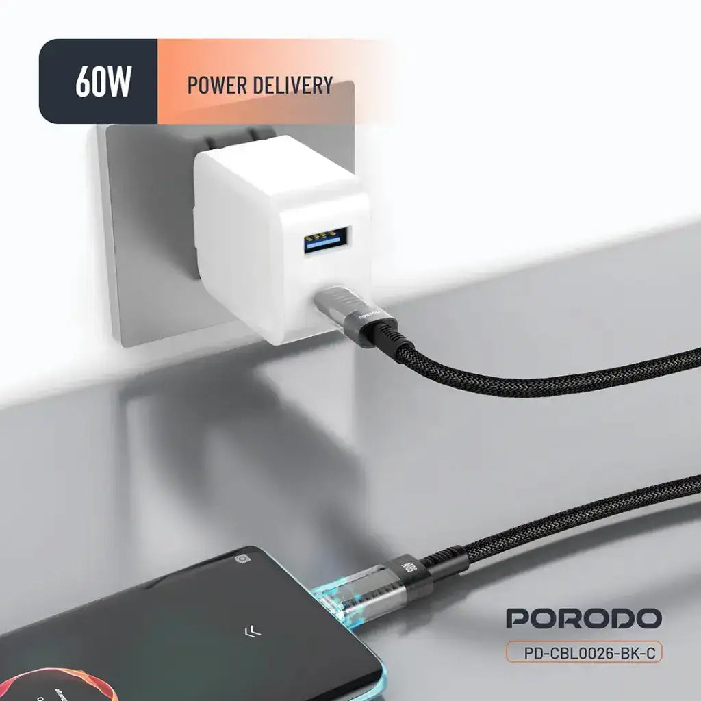 PD-CBL0026-BK-C | Porodo Transparent Shell USB-C To USB-C Cable | Black - GulfStore.com