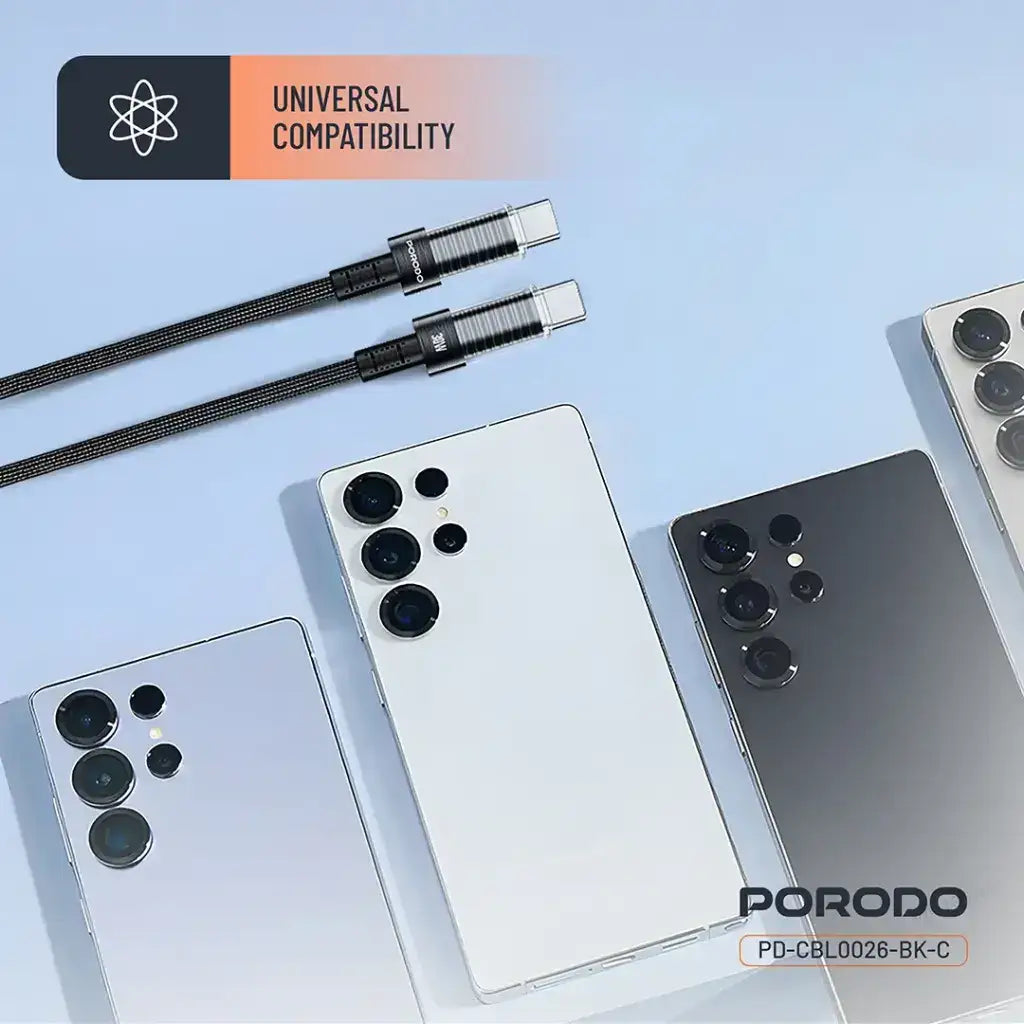 PD-CBL0026-BK-C | Porodo Transparent Shell USB-C To USB-C Cable | Black - GulfStore.com