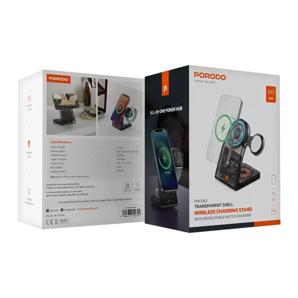 Porodo Transparent Shell Wireless Charging Stand(PD-FWCH062-BK) - GulfStore.com