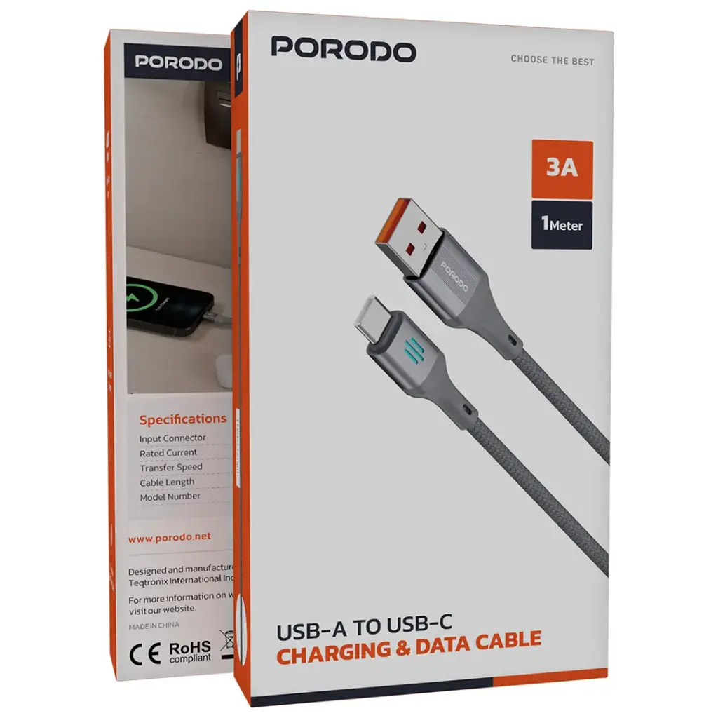 PDDC96 | Porodo Usb-A To Usb-C Charging & Data Cable 1M - GREY